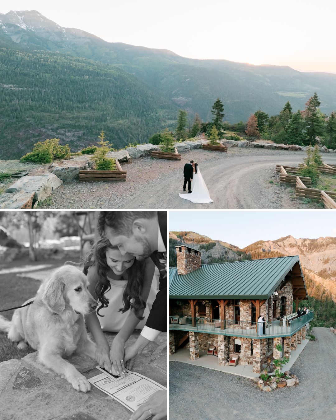 A couple poses on a mountain overlook, a child and dog look at paper outside, and a rustic cabin sits in a scenic, mountainous landscape.