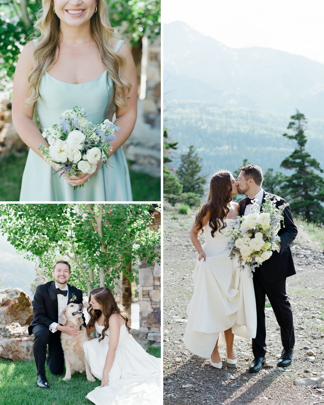 Collage of three wedding photos: a bridesmaid holding flowers, a bride and groom kissing outdoors, and the couple with a dog in a scenic, mountainous setting.