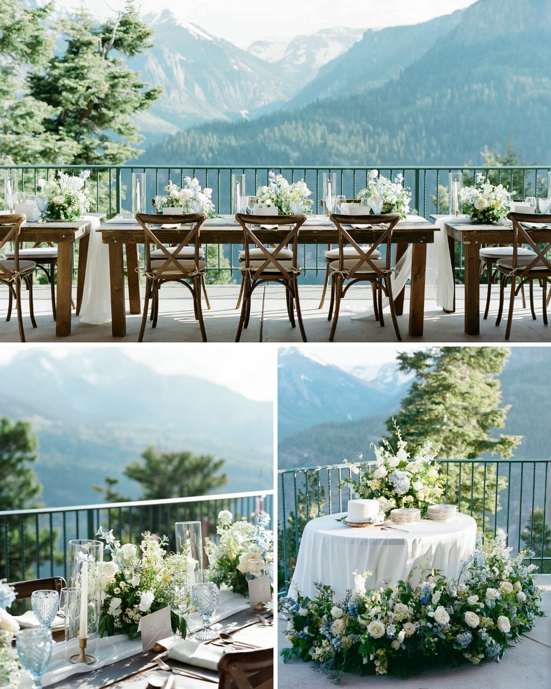 Elegant outdoor wedding setup with wooden tables, white floral arrangements, and chairs on a balcony overlooking mountains and trees.