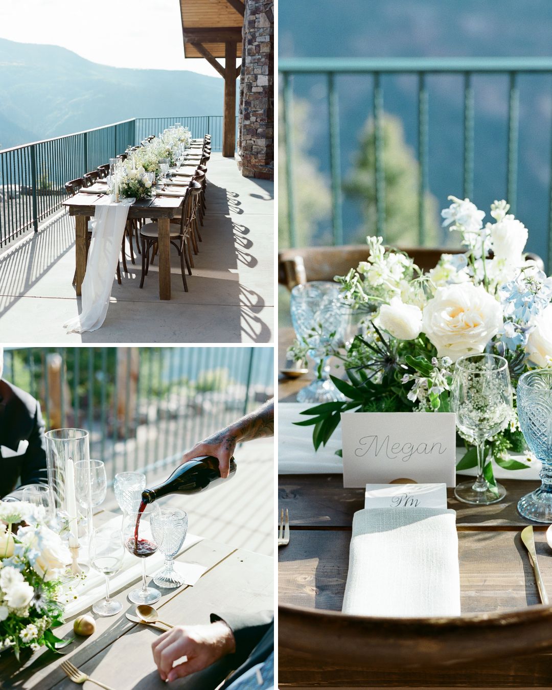 Outdoor wedding table setup with white floral centerpieces, elegant place settings, and a server pouring wine on a sunny balcony overlooking mountains.