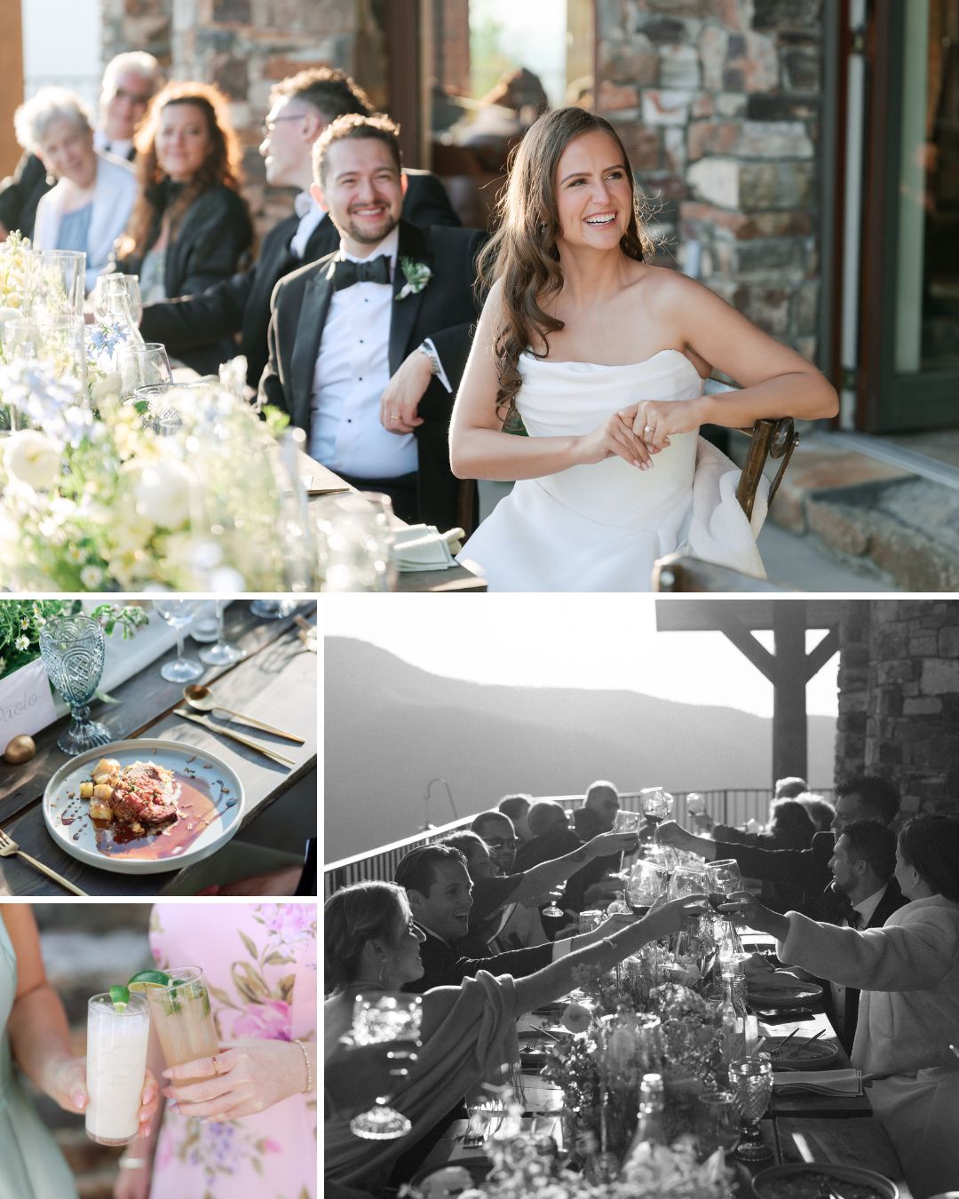A bride and groom sit at a table with guests; close-ups show a plated meal, a drink in hand, and guests dining outdoors with a mountain view.