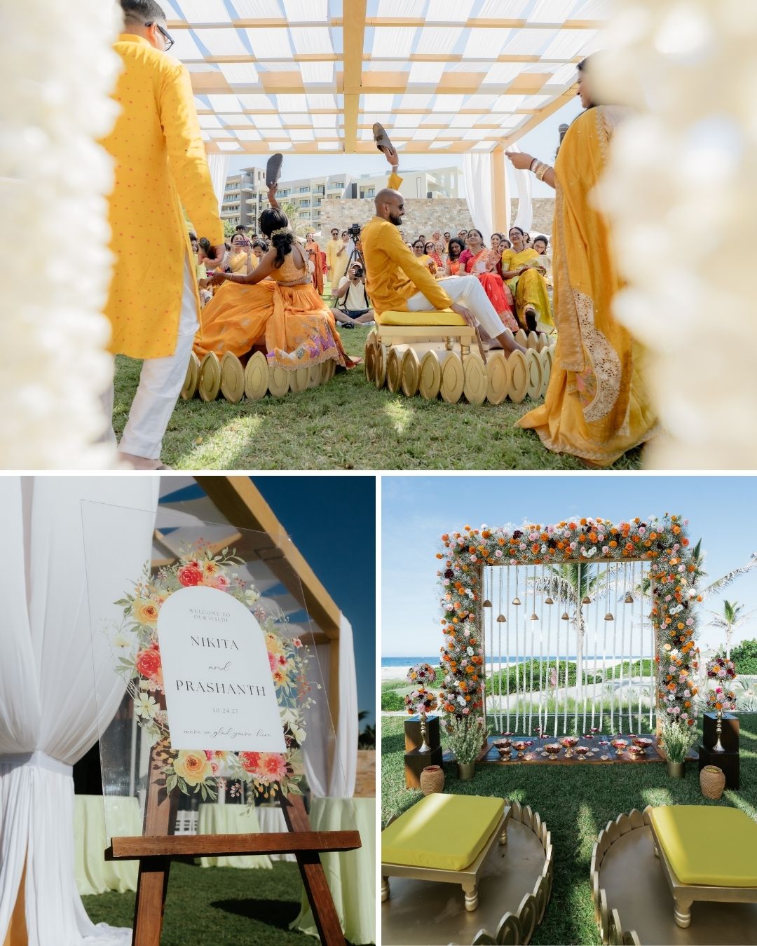 Three photos of an outdoor wedding event with guests in yellow attire, floral decorations, a welcome sign, and a ceremony area with chairs and a floral arch on a lawn.