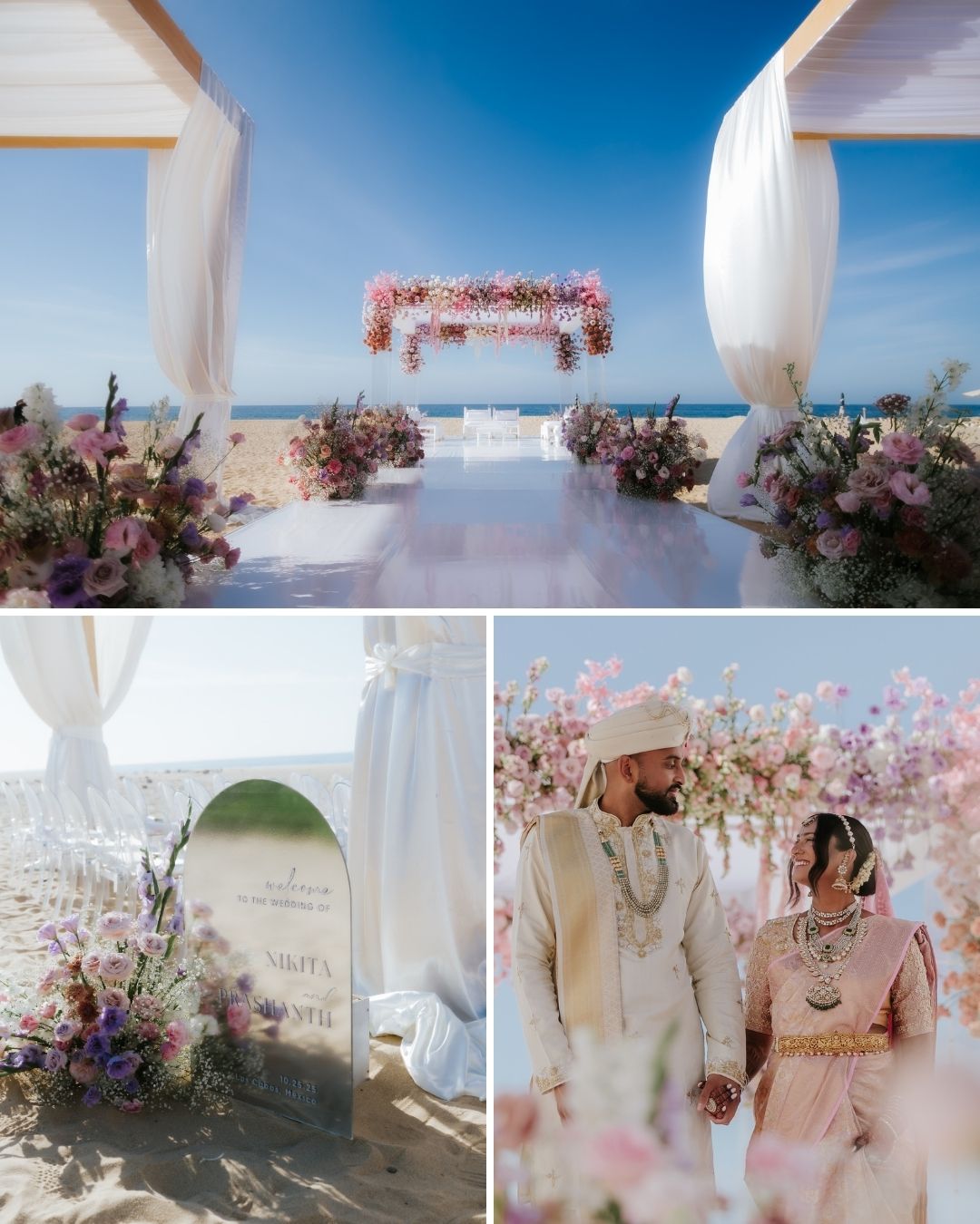 Beach wedding setup with floral decorations, a white aisle, a close-up of a floral-accented sign, and a couple in traditional attire standing under pink flowers.