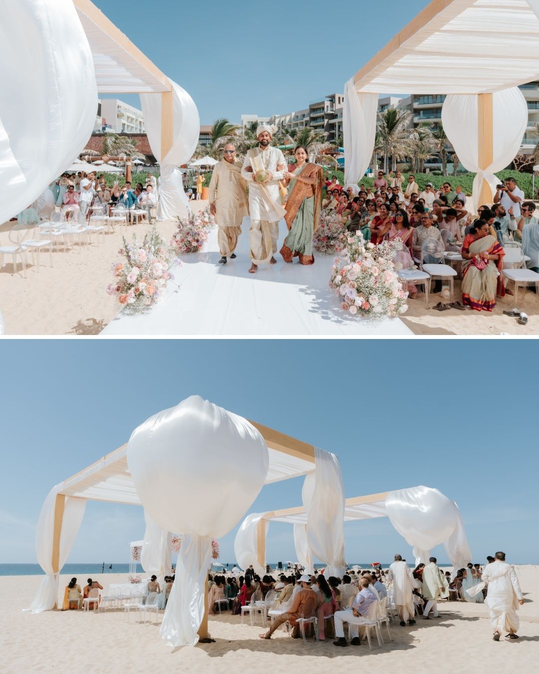 A wedding ceremony takes place outdoors on a beach under white canopies, with guests seated and floral decorations present.