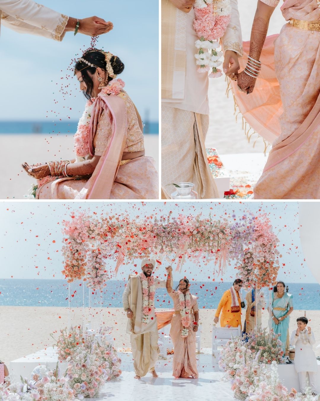 Three photos of a beach wedding: a bride seated as petals are showered, couple holding hands, and couple under a floral arch with guests, ocean visible in the background.