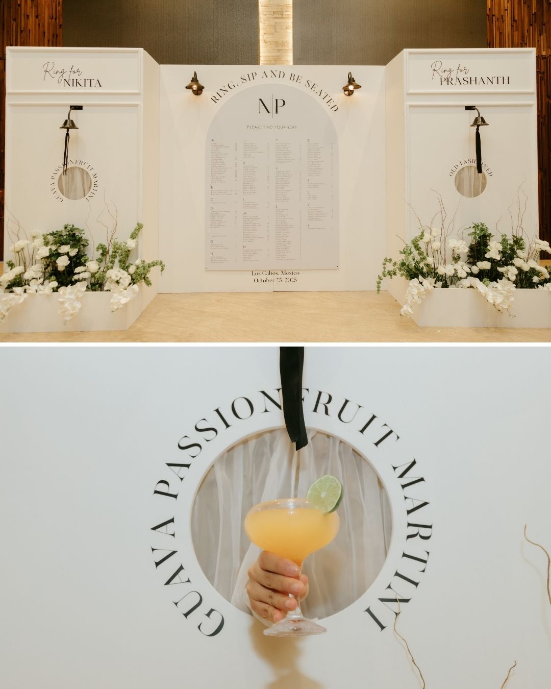 A white event display with guest lists, white floral arrangements, and a hand holding a guava passionfruit martini through a circle labeled with the cocktail’s name.