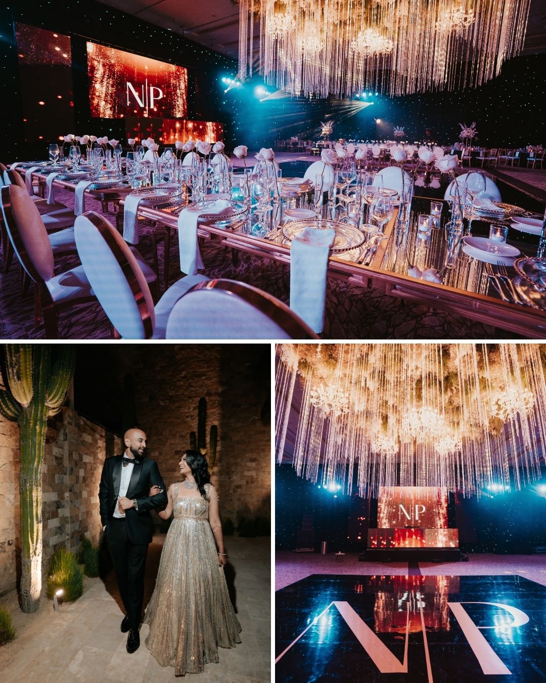 Three photos: an elegant event with decorated tables and a large NP sign, a couple in formal attire, and a wide view of the venue with hanging lights and the NP sign.