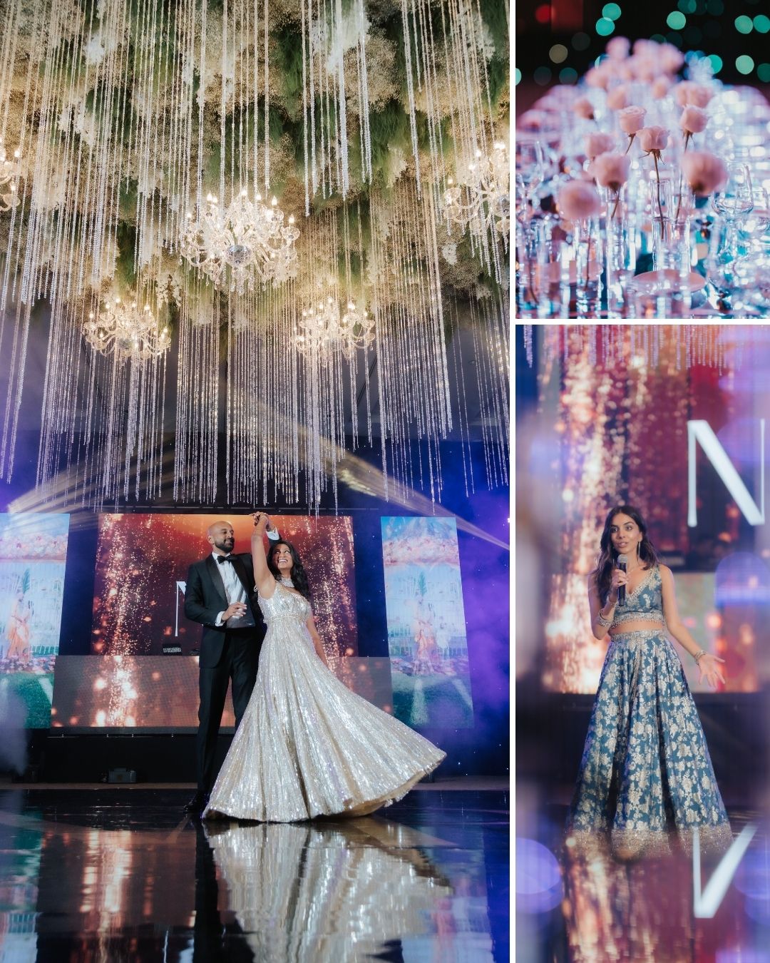 A formal event with a couple dancing under chandeliers, decorative glasses, and a woman in a gown speaking or singing on stage.