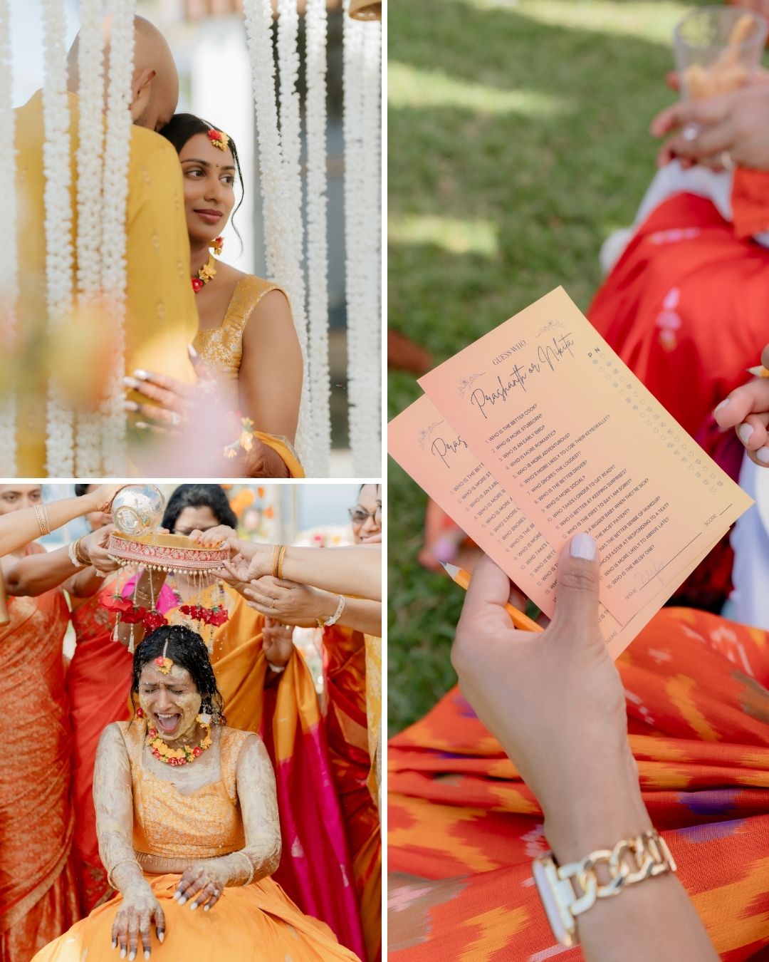 A collage shows a woman in a yellow dress at a traditional ceremony, people in orange attire, and a hand holding a peach program with text.
