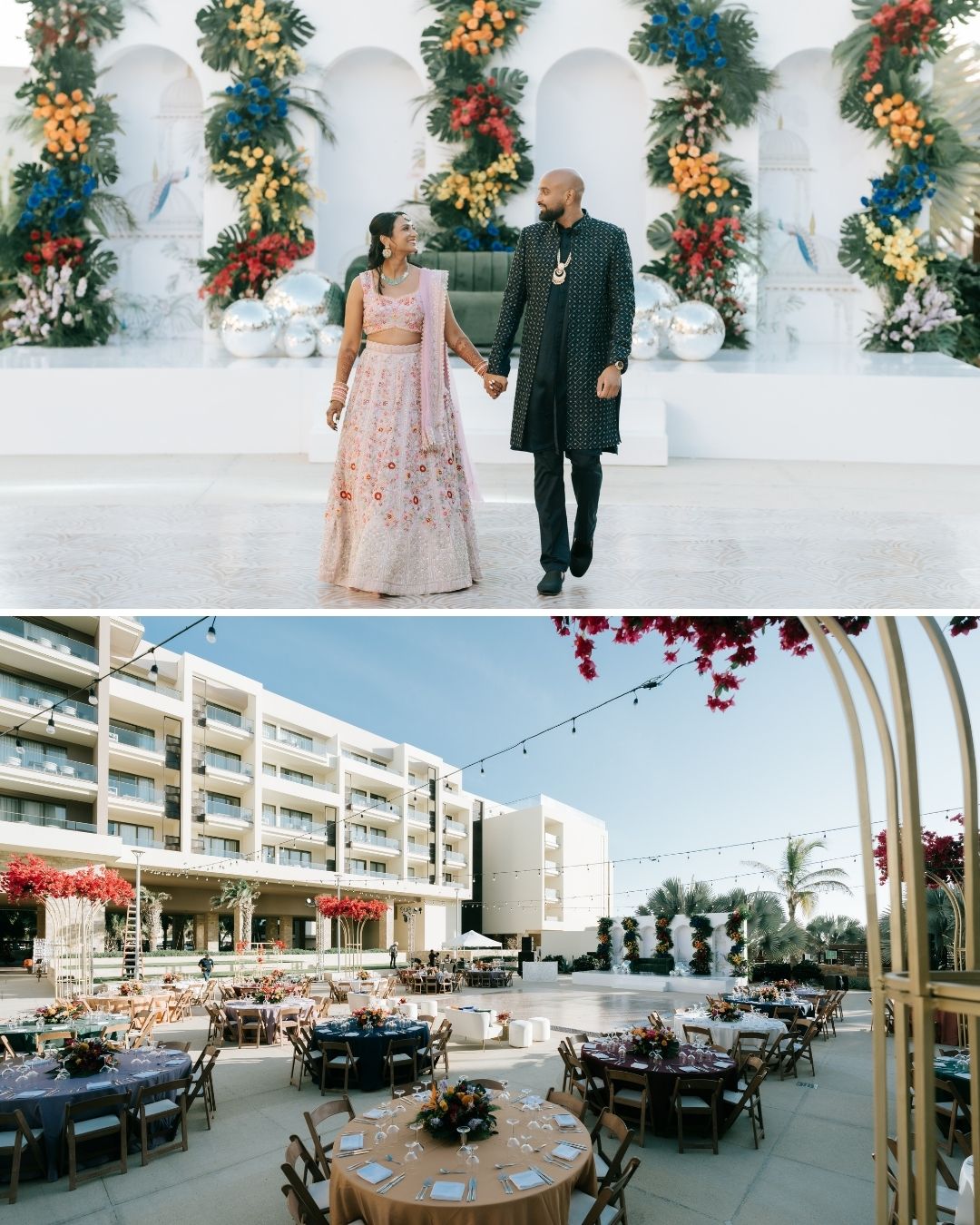 A couple holds hands in front of a floral display; below, an outdoor reception area with round tables is set up near a modern building.