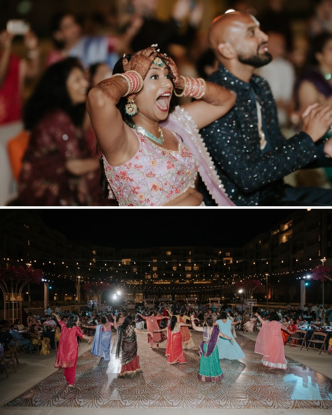 Two photos: Top—A woman in festive attire reacts excitedly at an event beside a man. Bottom—A group of people in colorful dresses dance outdoors at night under string lights.