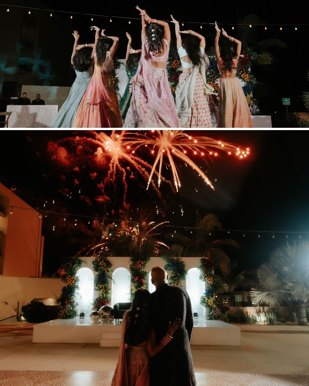 Top: Five people in colorful traditional attire dance with arms raised. Bottom: A couple stands together, watching fireworks in the night sky.