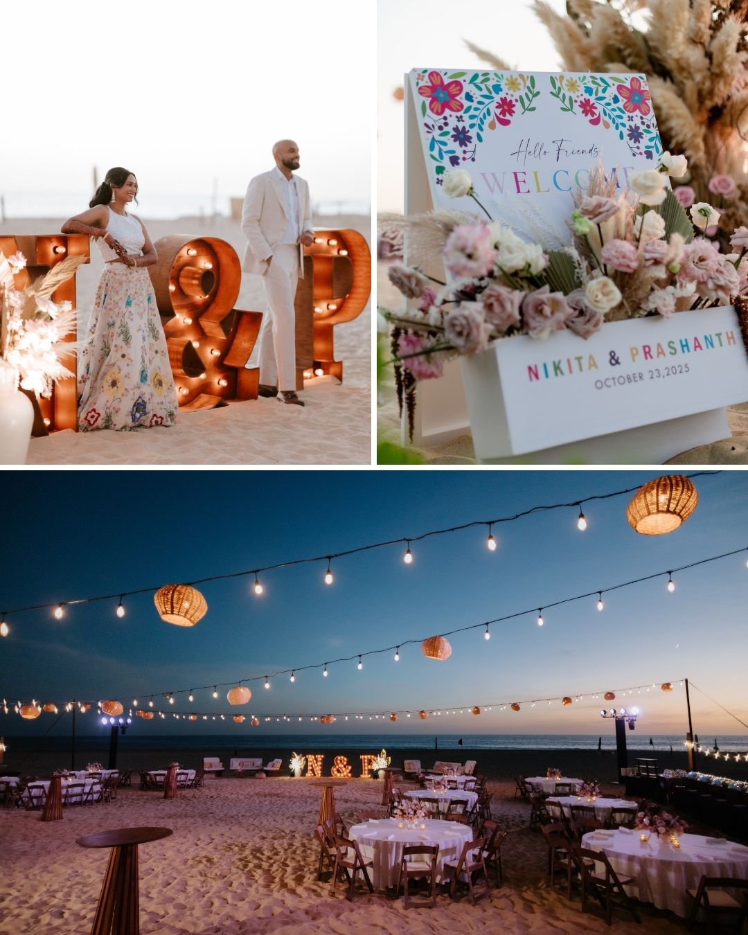 A beach wedding setup with a couple in formal attire, a floral welcome sign, and tables under string lights at sunset.