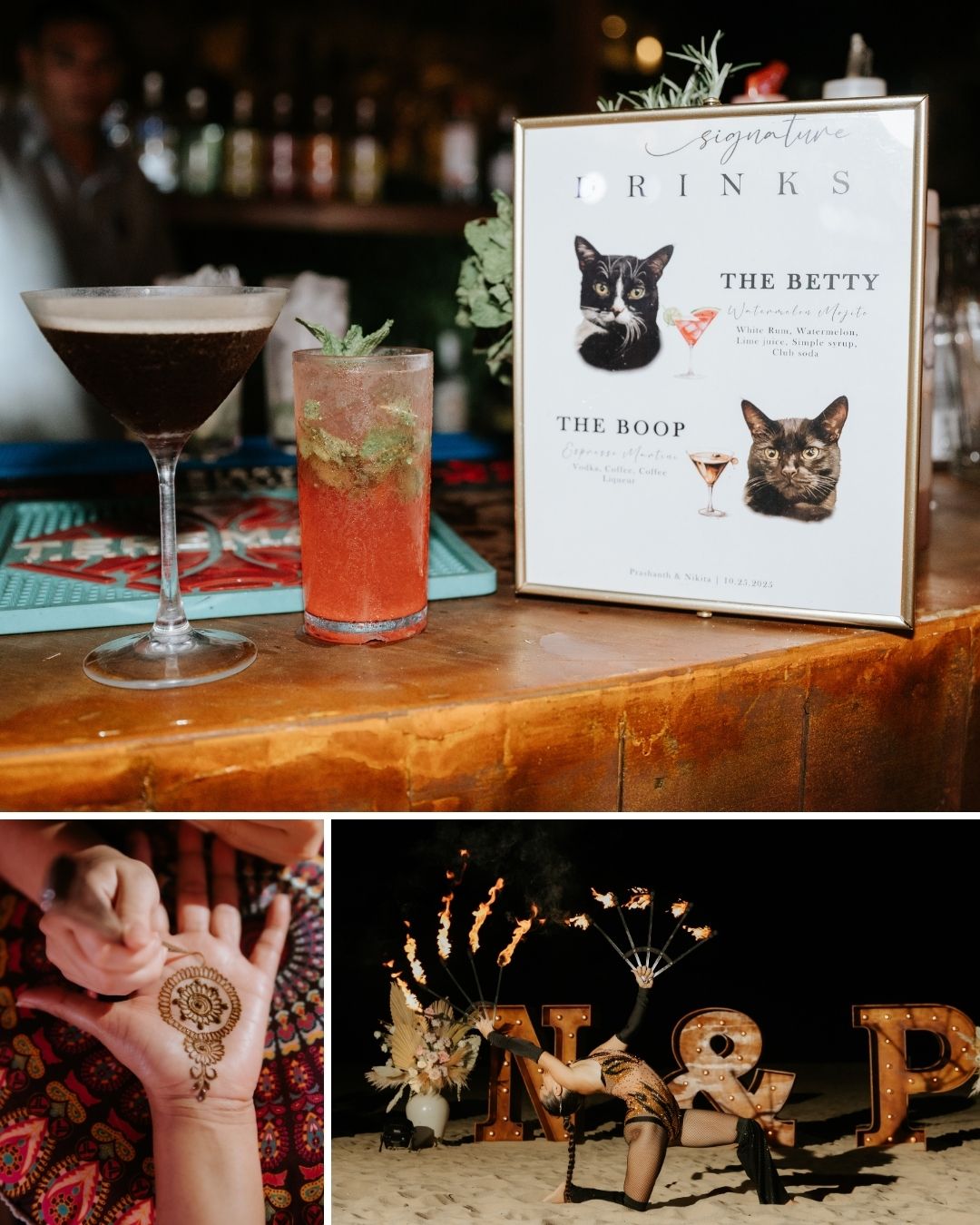 Two cocktails and a framed drink menu with cat photos on a bar; below, a person holds a kitten, and lit marquee letters “N & P” are displayed outdoors at night.