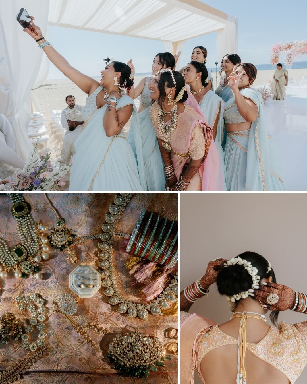 A group of women in pastel sarees take a selfie at an outdoor event; below, close-ups of gold jewelry and a woman adjusting her hair adorned with flowers.