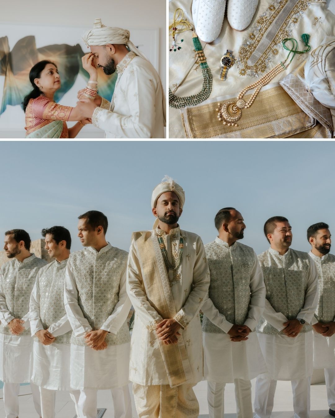 A groom in traditional attire poses with his groomsmen; above are close-ups of wedding accessories and a ritual with another person.