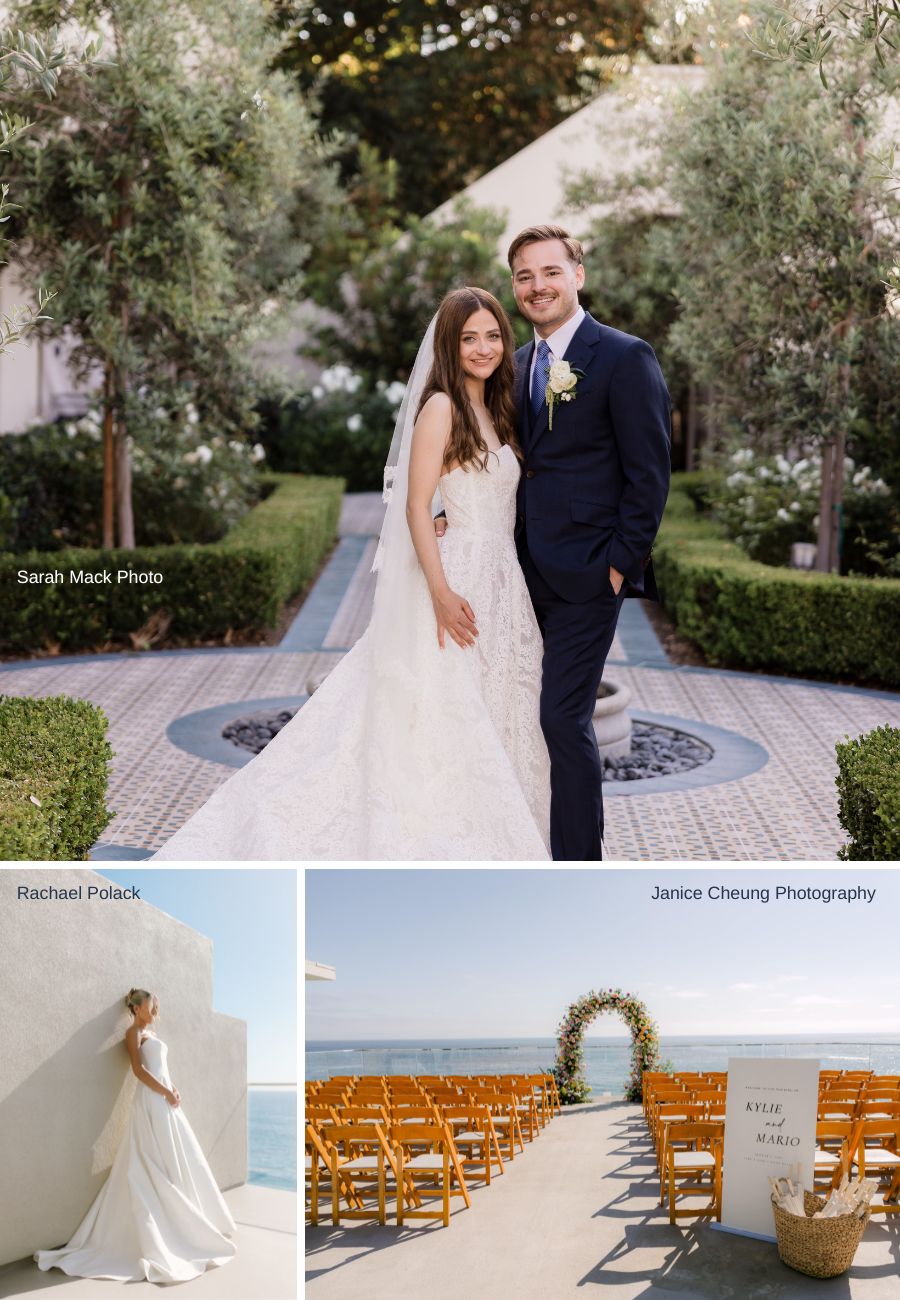 Collage of three wedding photos: a couple posing outdoors, a bride standing alone by a wall, and an empty ceremony setup with rows of chairs facing an ocean view.