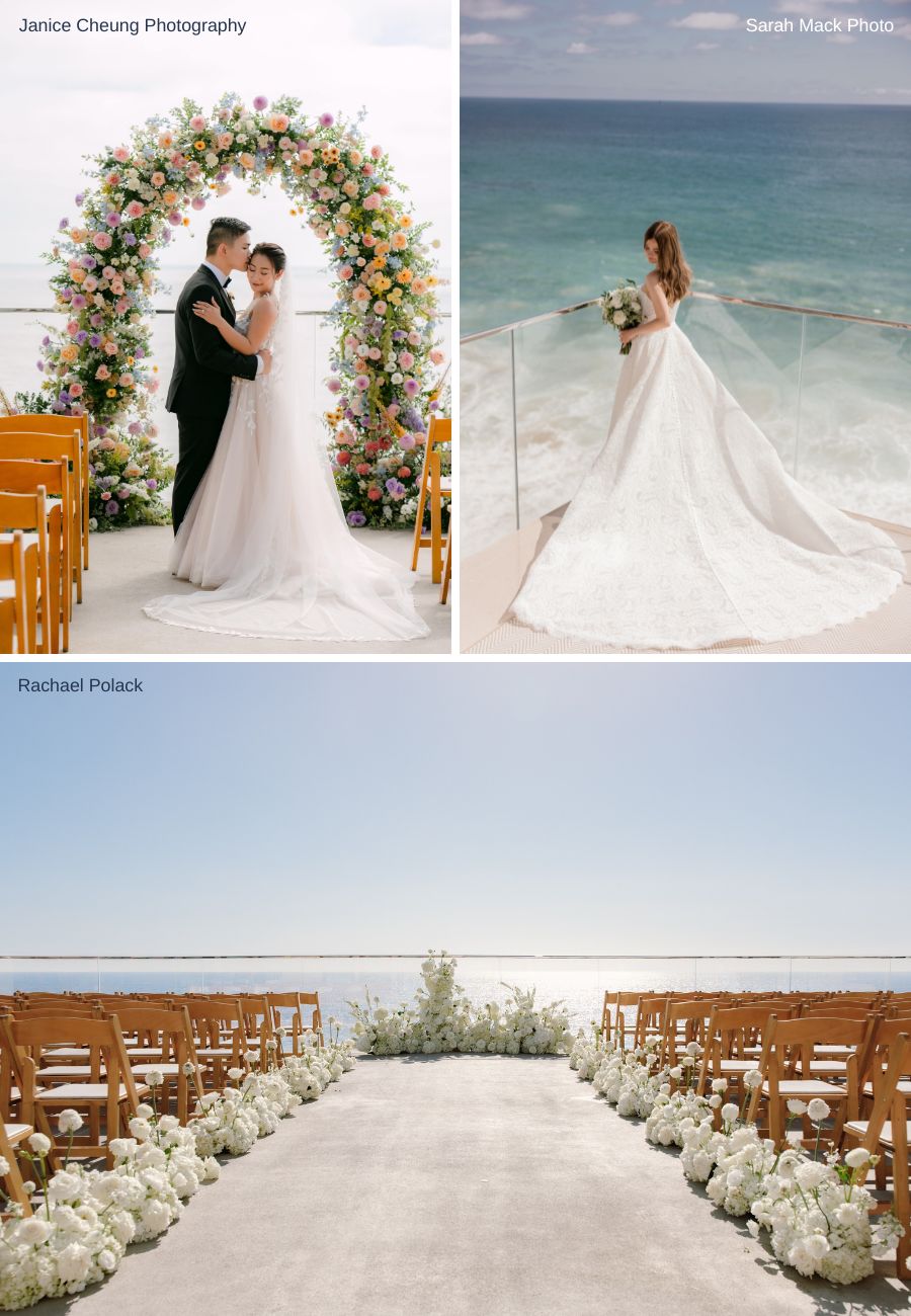 Three wedding scenes: a couple under a floral arch, a bride by the ocean, and a decorated outdoor aisle with chairs and white flowers facing the sea.