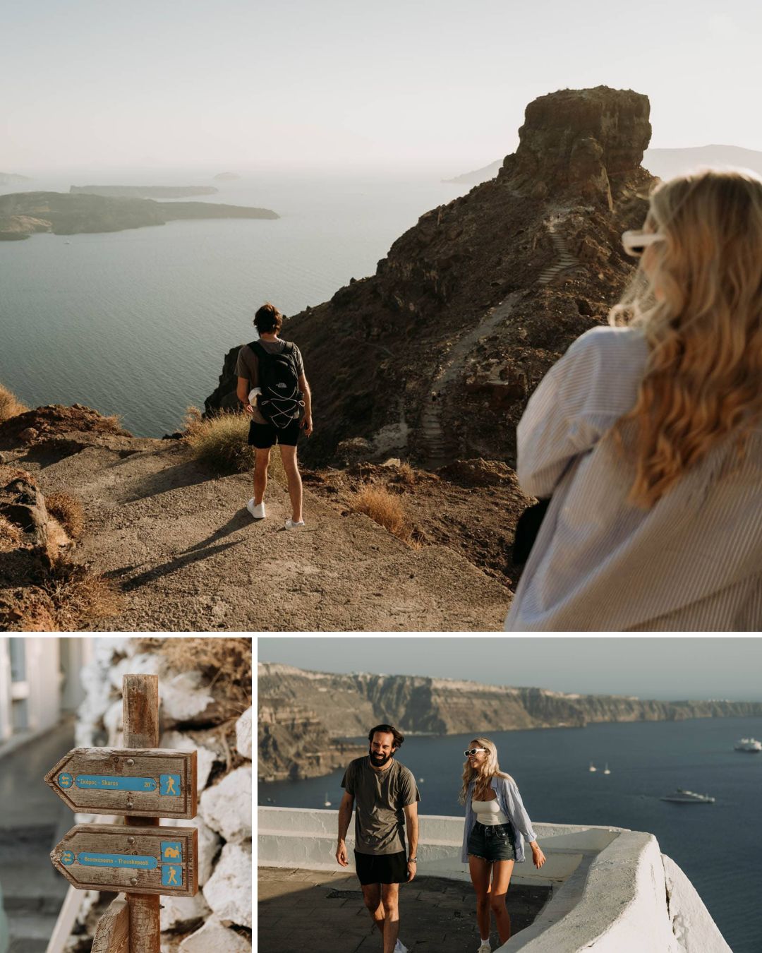 Three people hike along a rocky coastal path with sea views; below, two walk near a stone wall and a wooden sign points in different directions.