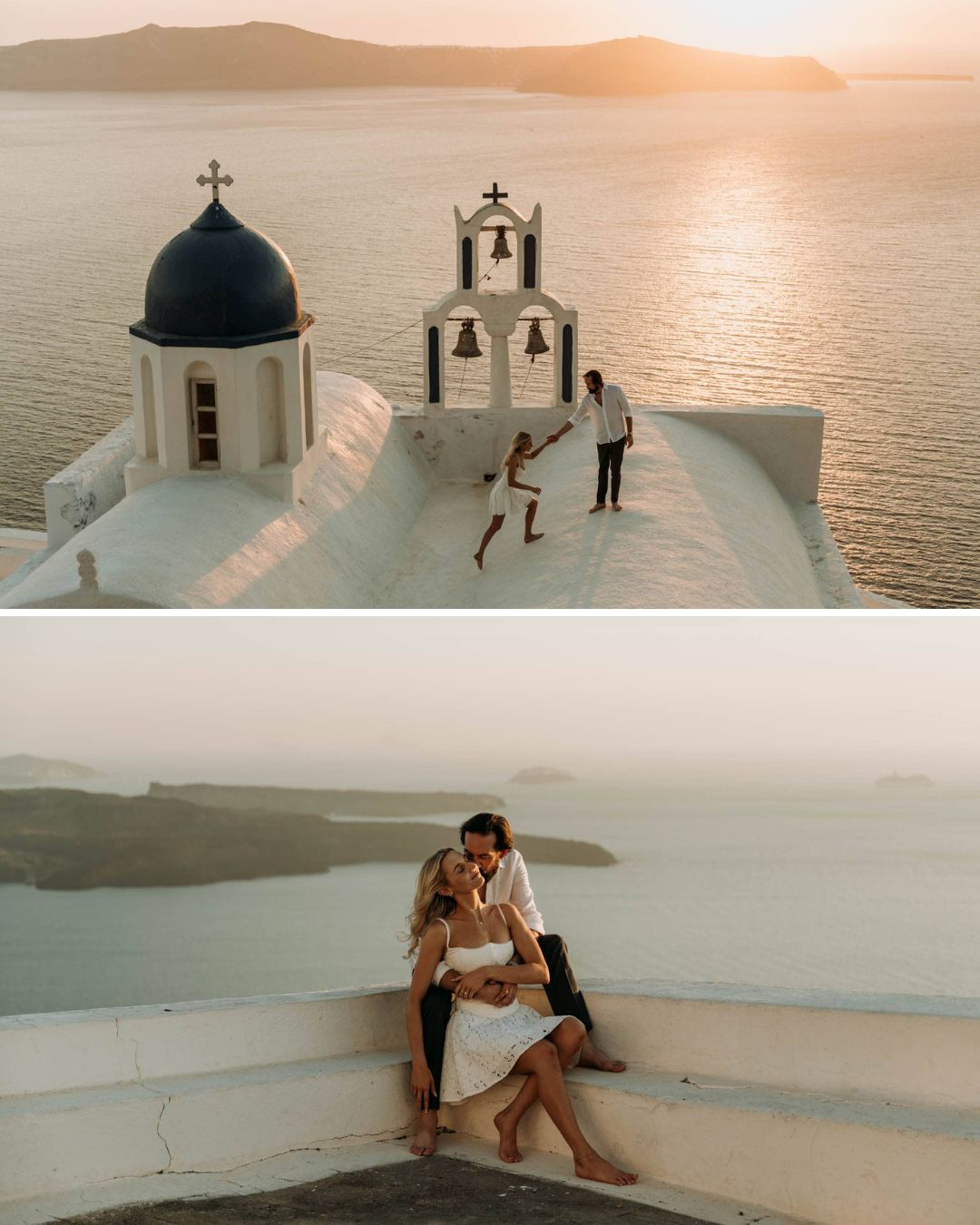 A couple poses on a white rooftop with blue dome and bells at sunset, and sits together on a ledge overlooking the sea.