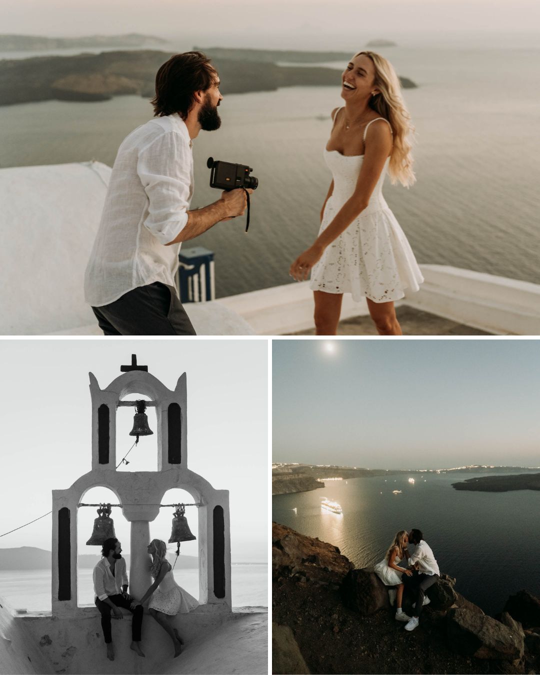A couple poses and laughs on a seaside terrace; below, they sit by a bell tower and embrace on a coastal cliff at sunset.