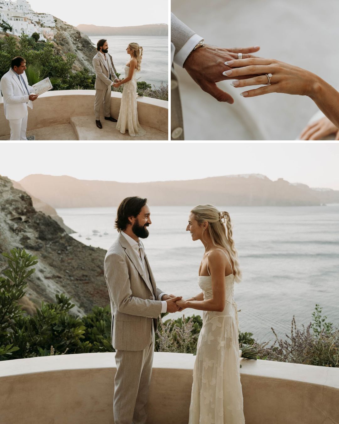 A couple gets married outdoors overlooking the ocean; close-up of hands with rings; officiant present.