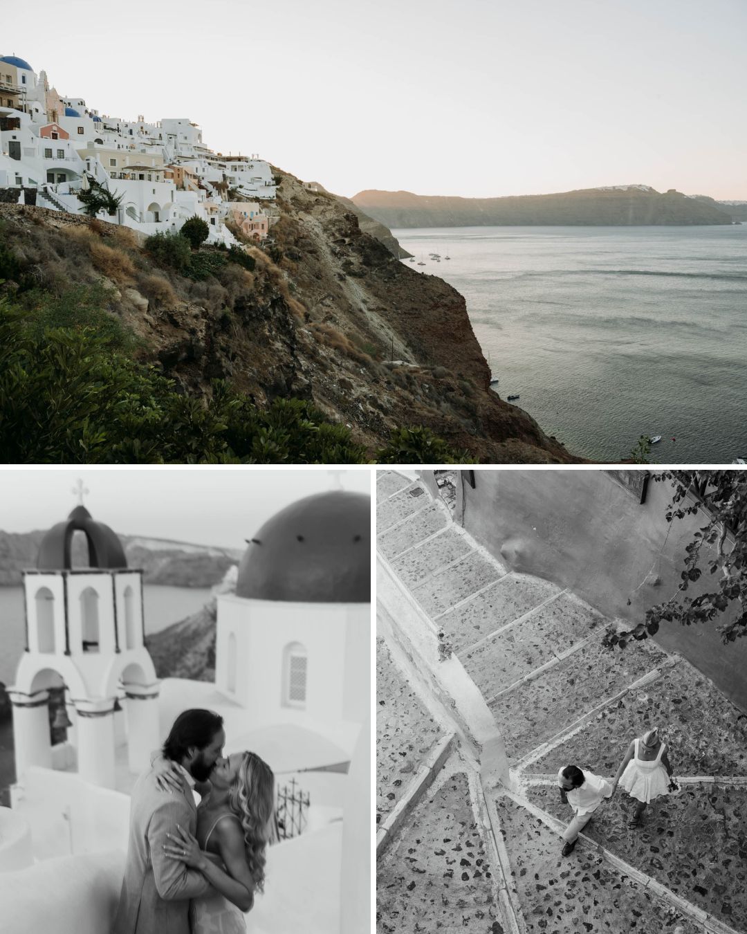 A coastal town with white buildings, a large dome, and a bell tower. Two couples are shown walking and embracing on stone pathways.