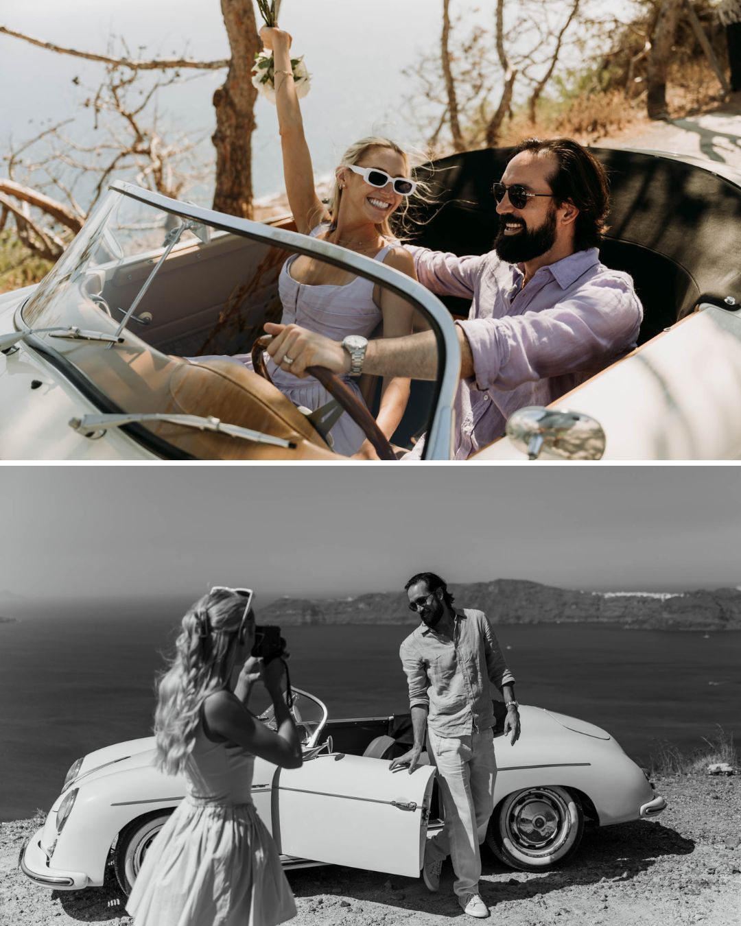Two people enjoy a drive in a vintage convertible; in the second image, they stand beside the car overlooking a scenic, mountainous coastline.
