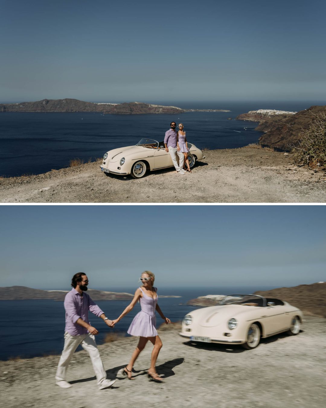 A man and woman, both dressed in light clothing, stand and walk near a vintage convertible parked by a coastal cliff with blue sea and distant hills in the background.