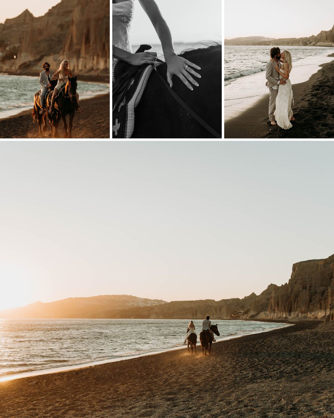 Three images: people riding horses on a beach, a close-up of a hand on a horse, a couple embracing on the shore, and a wide view of two riders at sunset by the sea.