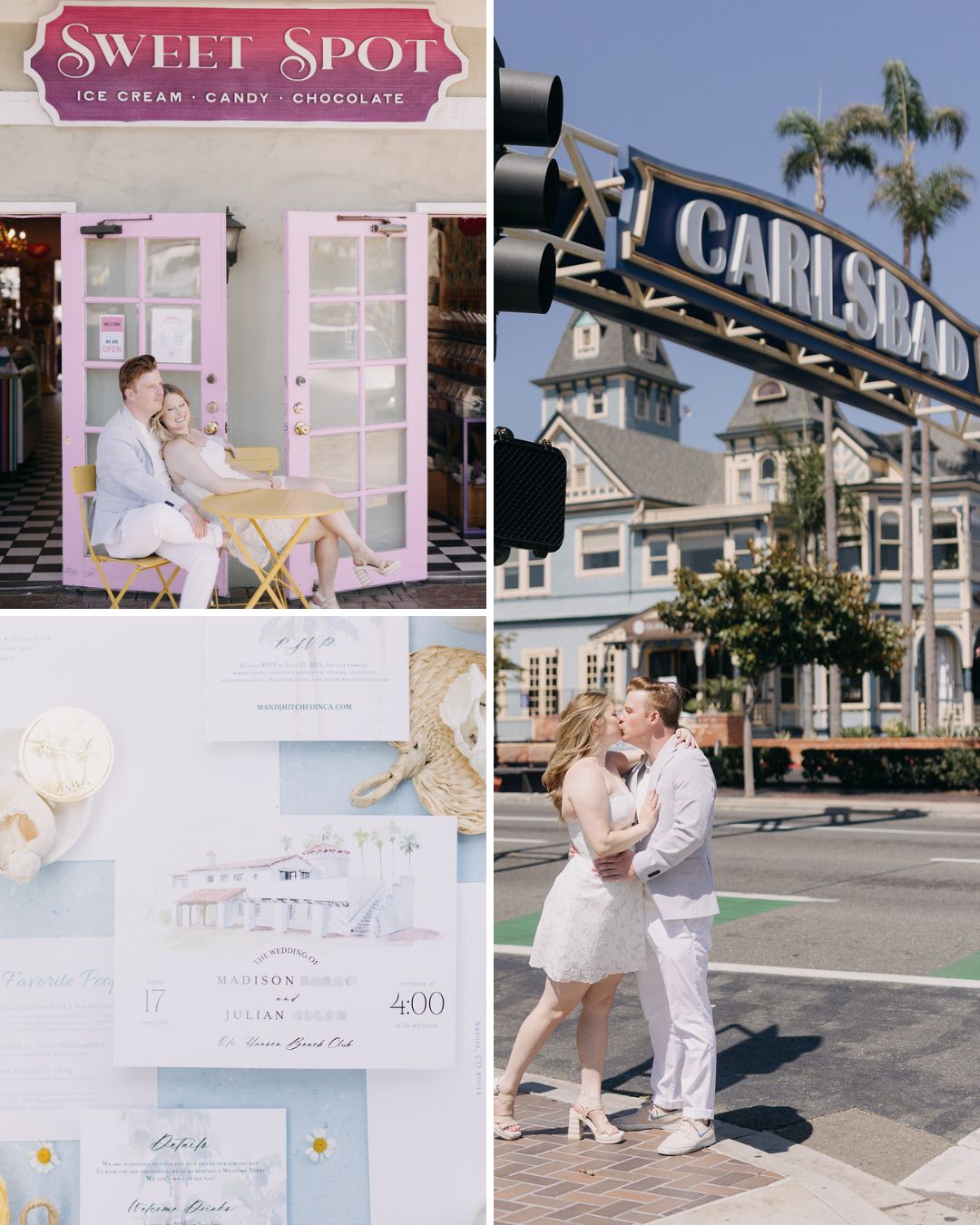 Collage of a couple at a pink ice cream shop, a “Carlsbad” street sign, wedding invitations, and the couple kissing on a street corner.
