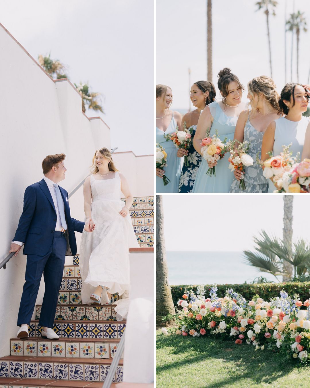 Collage of a wedding: couple on tiled stairs, bridesmaids in pale blue dresses with bouquets, and a floral arrangement by the ocean.
