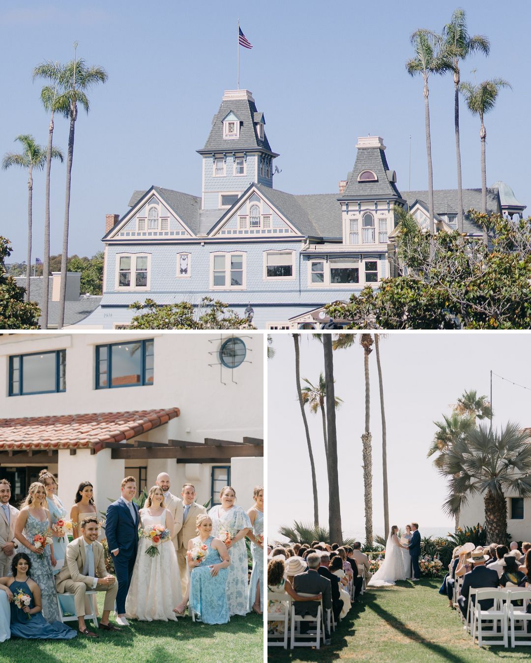 A wedding ceremony takes place outdoors at a historic mansion, with guests seated and the wedding party posing for photos under clear skies and palm trees.