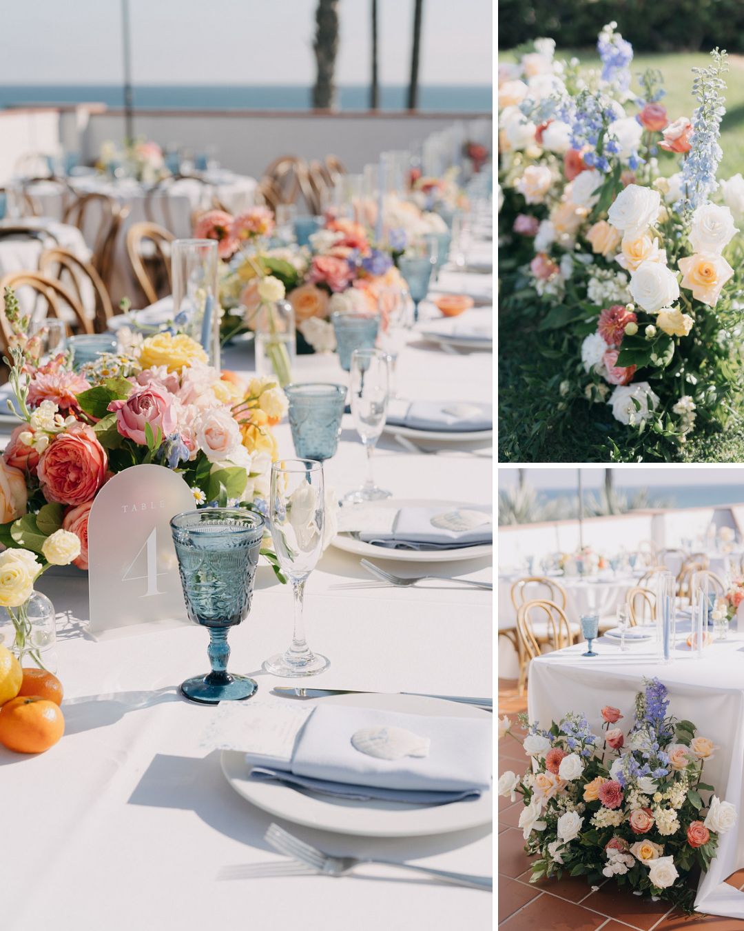 Outdoor wedding set-up with white tablecloths, pastel floral centerpieces, blue glassware, and floral arrangements by the ocean.