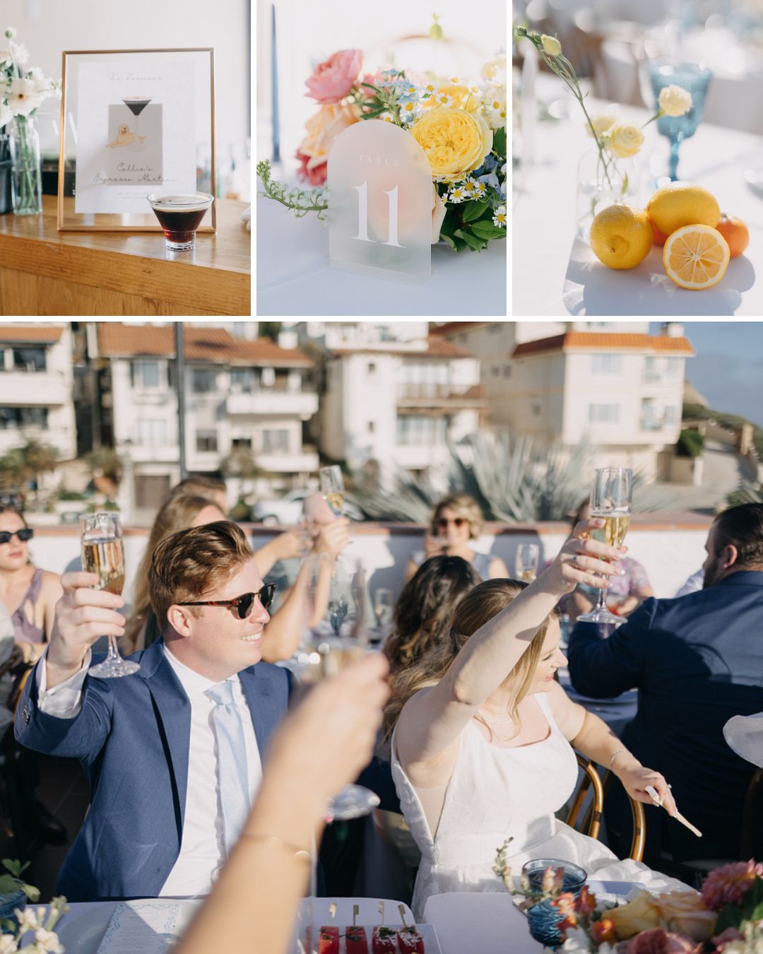 Collage of a wedding table setting with flowers, lemons, drinks, and guests outdoors raising glasses in a toast.