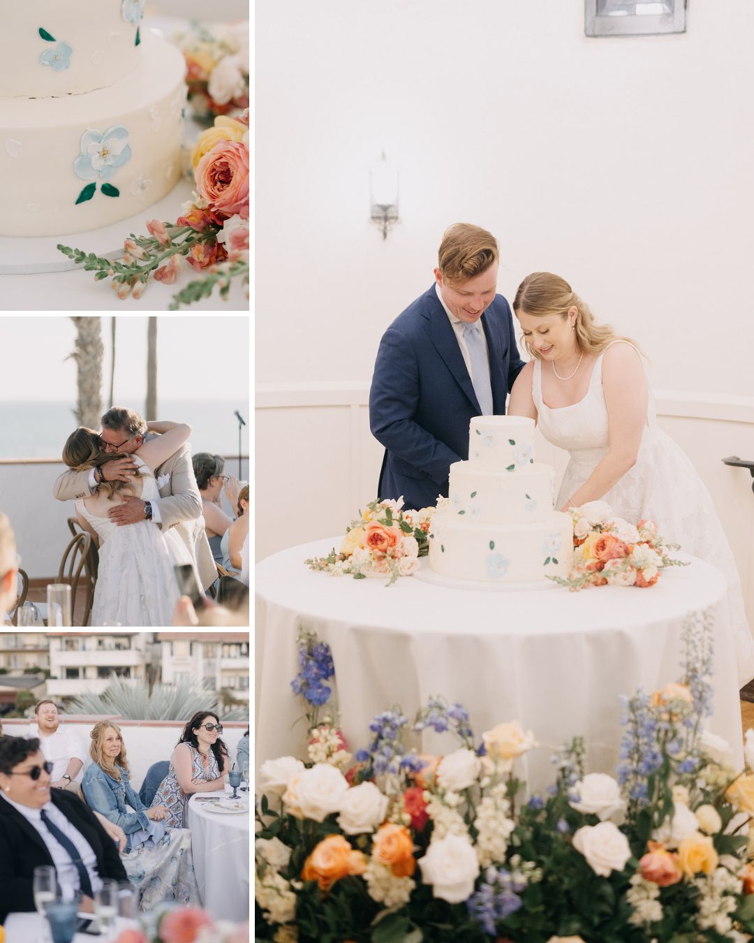 A bride and groom cut their wedding cake, surrounded by flowers and guests, with close-up shots of the cake, a hug, and attendees at the reception.