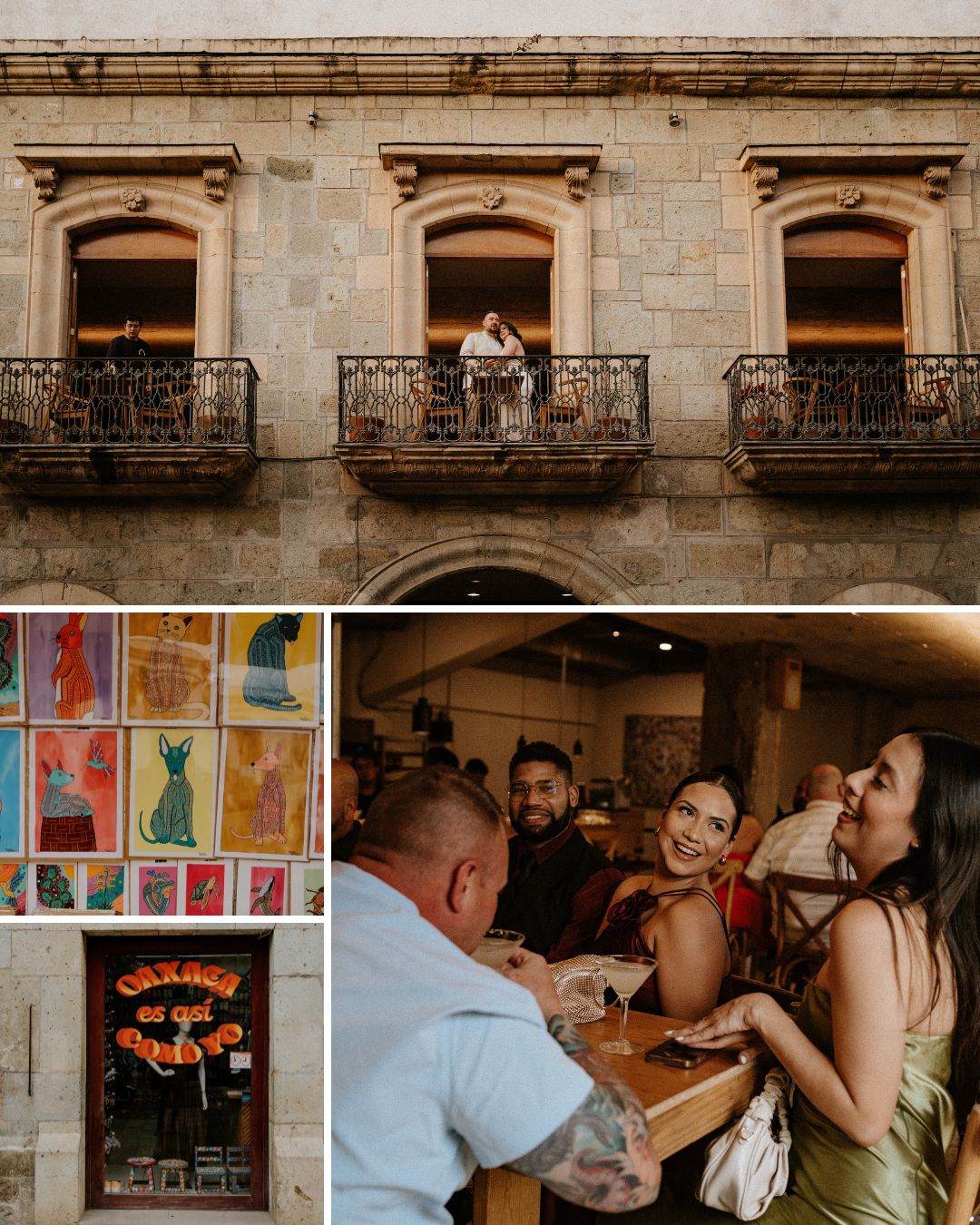 A woman stands on a balcony above a cafe; below, a group of people enjoy a meal indoors, with colorful art and a neon “Cafeteria del Centro” sign visible.
