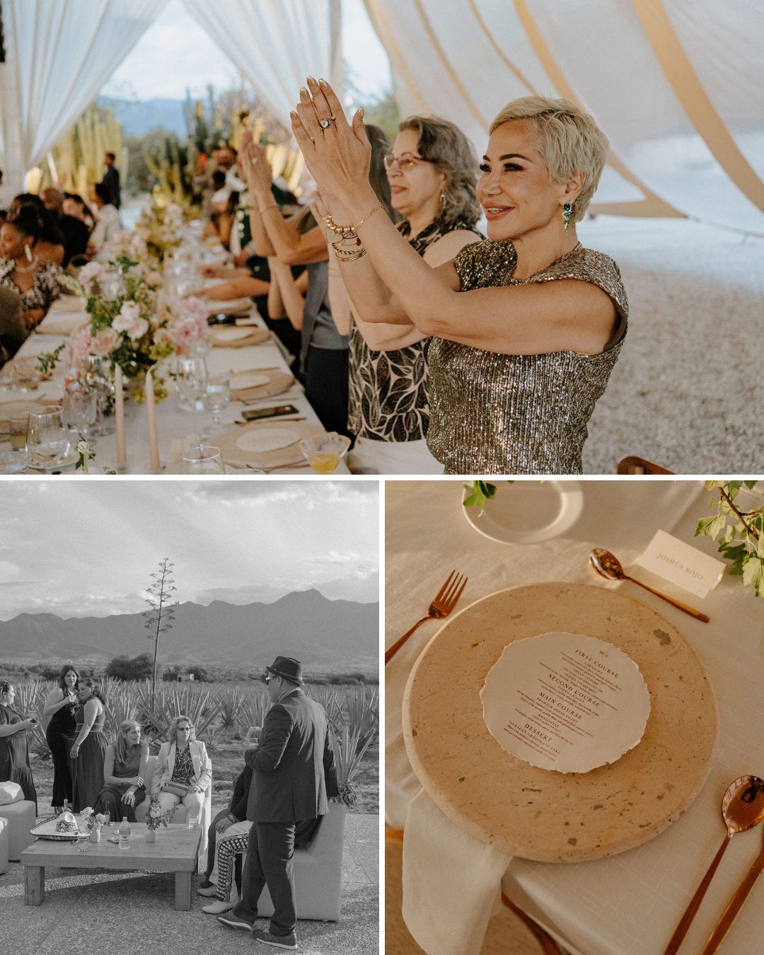 A group of people dine at a long outdoor table, some applaud. Below, guests gather outside and a place setting features a round menu on a plate. White drapes and mountains are visible.