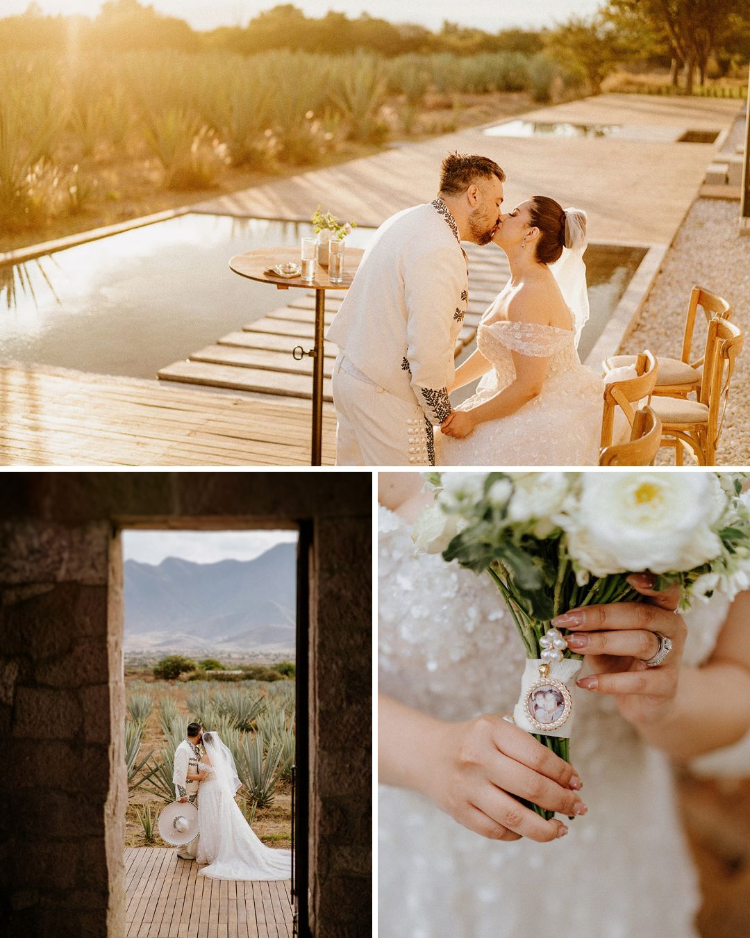 A couple poses by a pool and kisses outdoors; a bride holds a bouquet with a photo charm; a bride stands in a stone doorway with mountains in the background.
