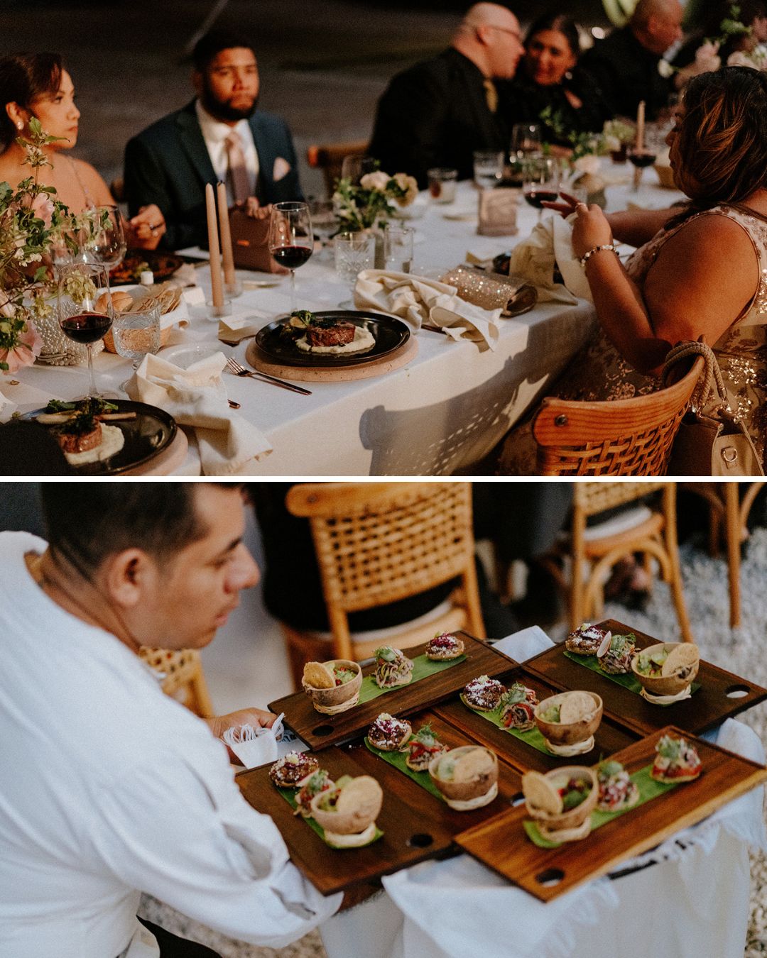 A group of people sit at a decorated dinner table while a server carries trays of plated appetizers to the guests.