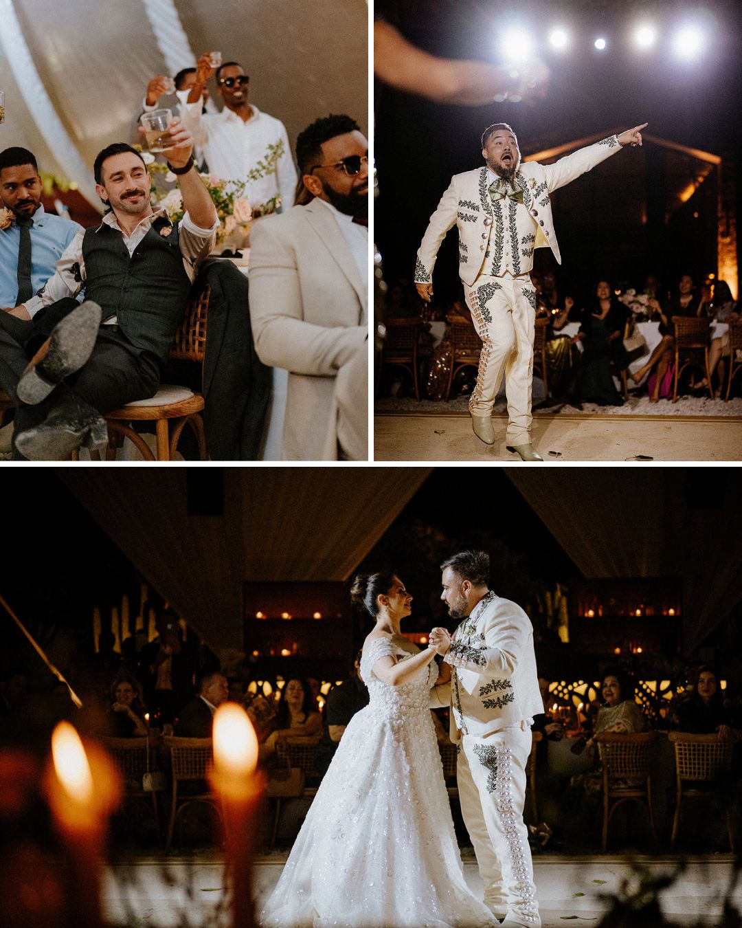 Three photos show a lively wedding: guests celebrating, the groom dancing in a decorated suit, and the bride and groom sharing their first dance under warm lights.