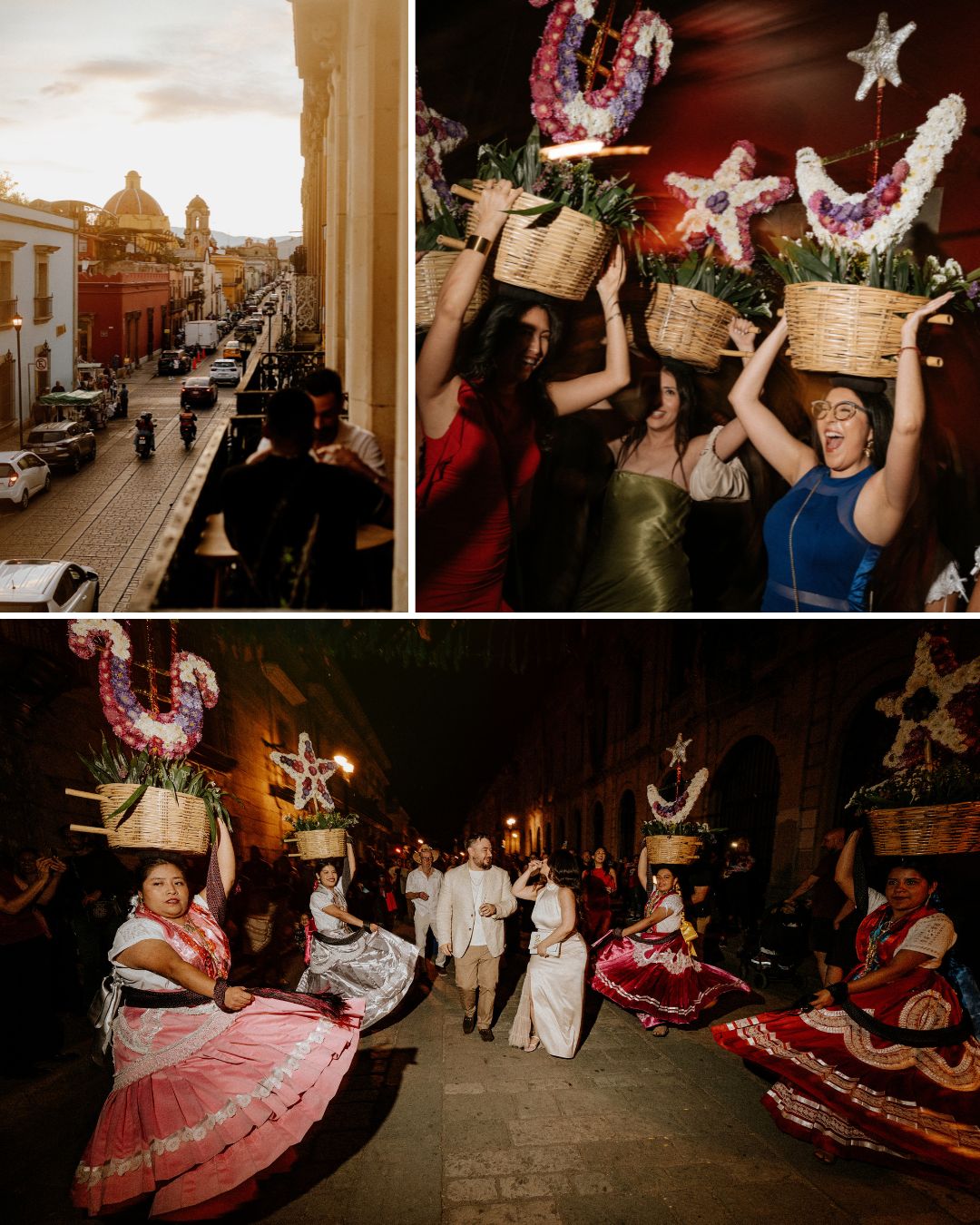A street scene at sunset and dancers in traditional dresses carry decorated baskets on their heads during a festive nighttime parade.