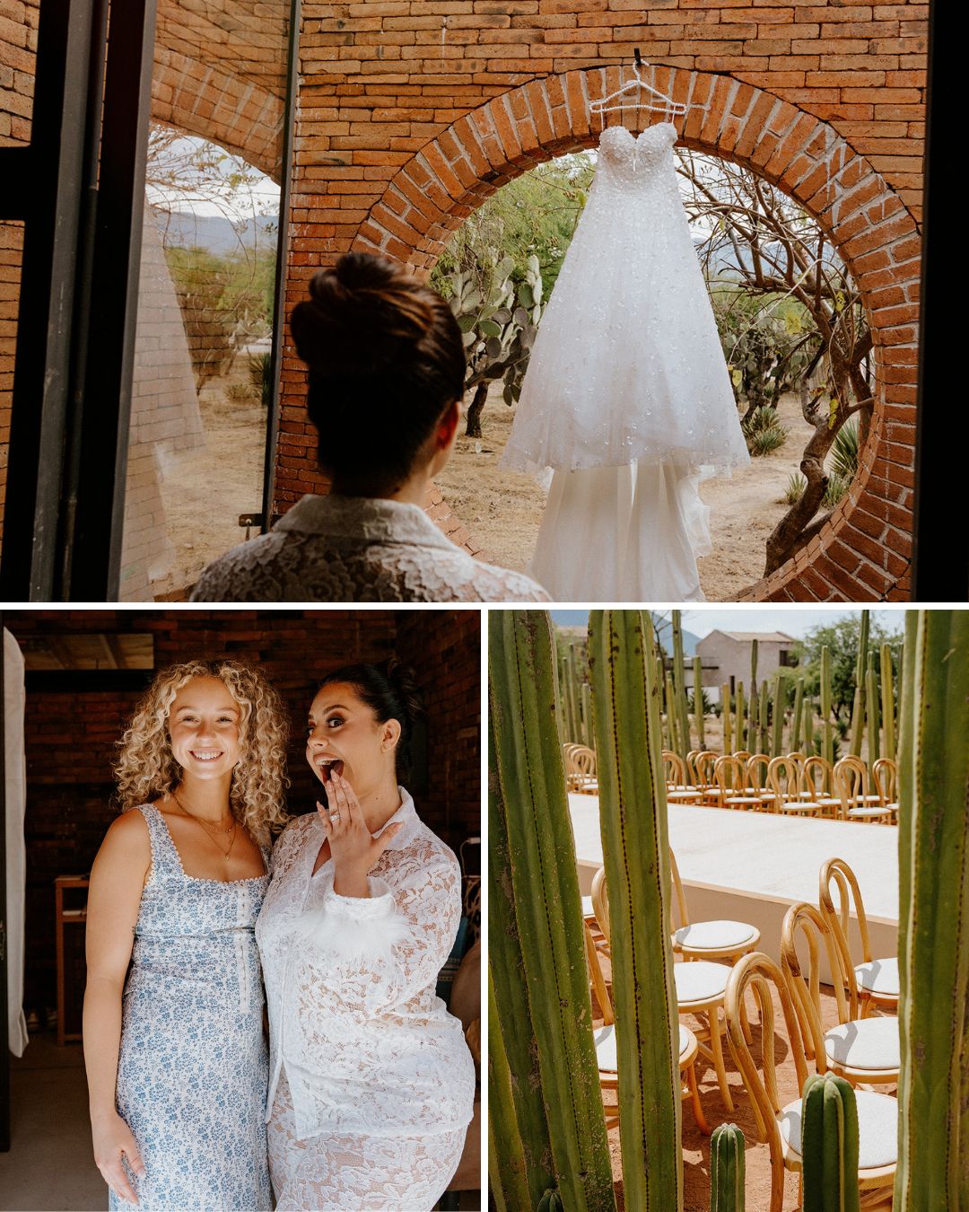 A woman looks at a wedding dress on display; two women pose and smile; chairs are arranged outdoors among tall cacti.