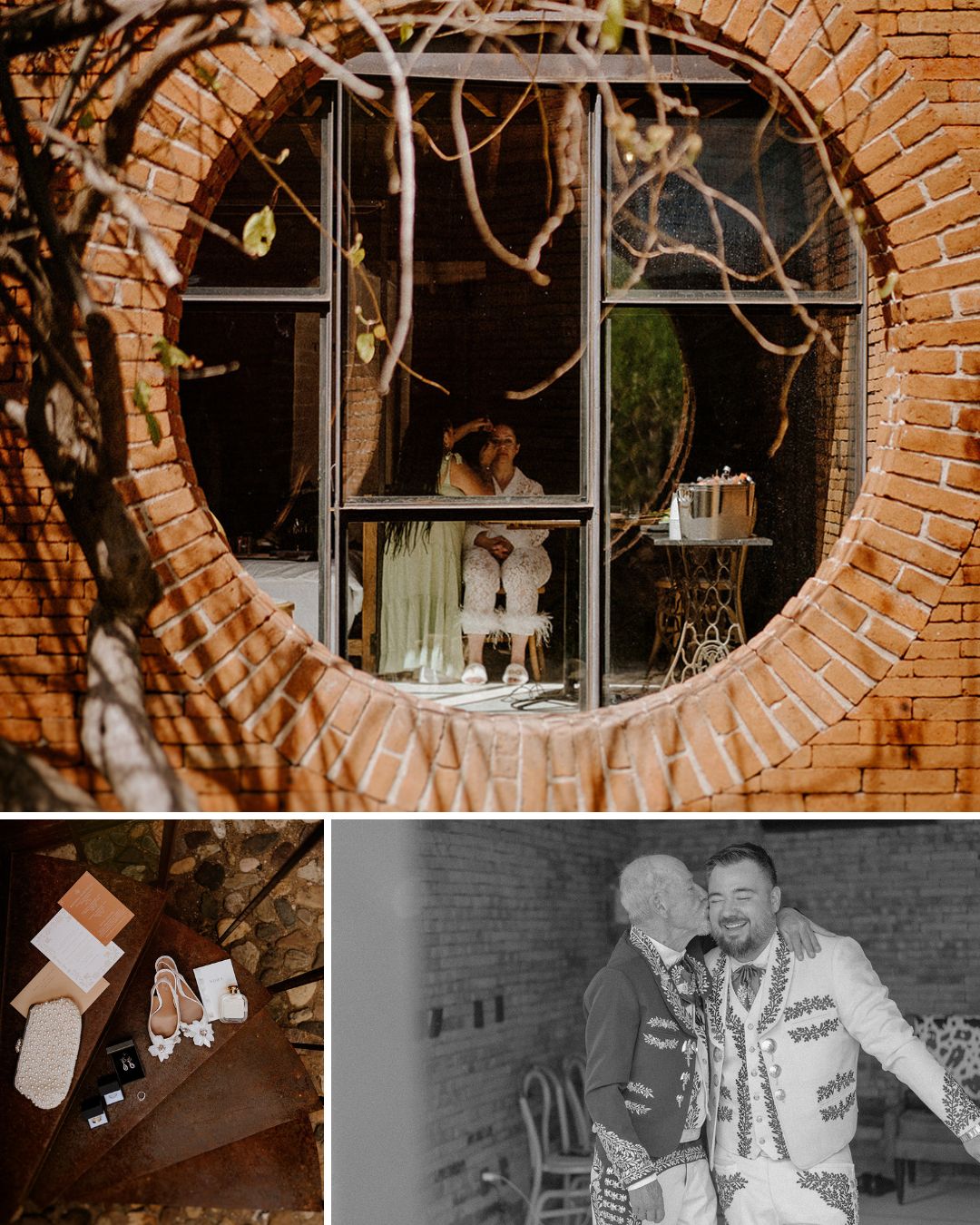 A round brick window frames two people inside; below, a table with papers and keys, and a black-and-white photo of two people smiling in a room with brick walls.