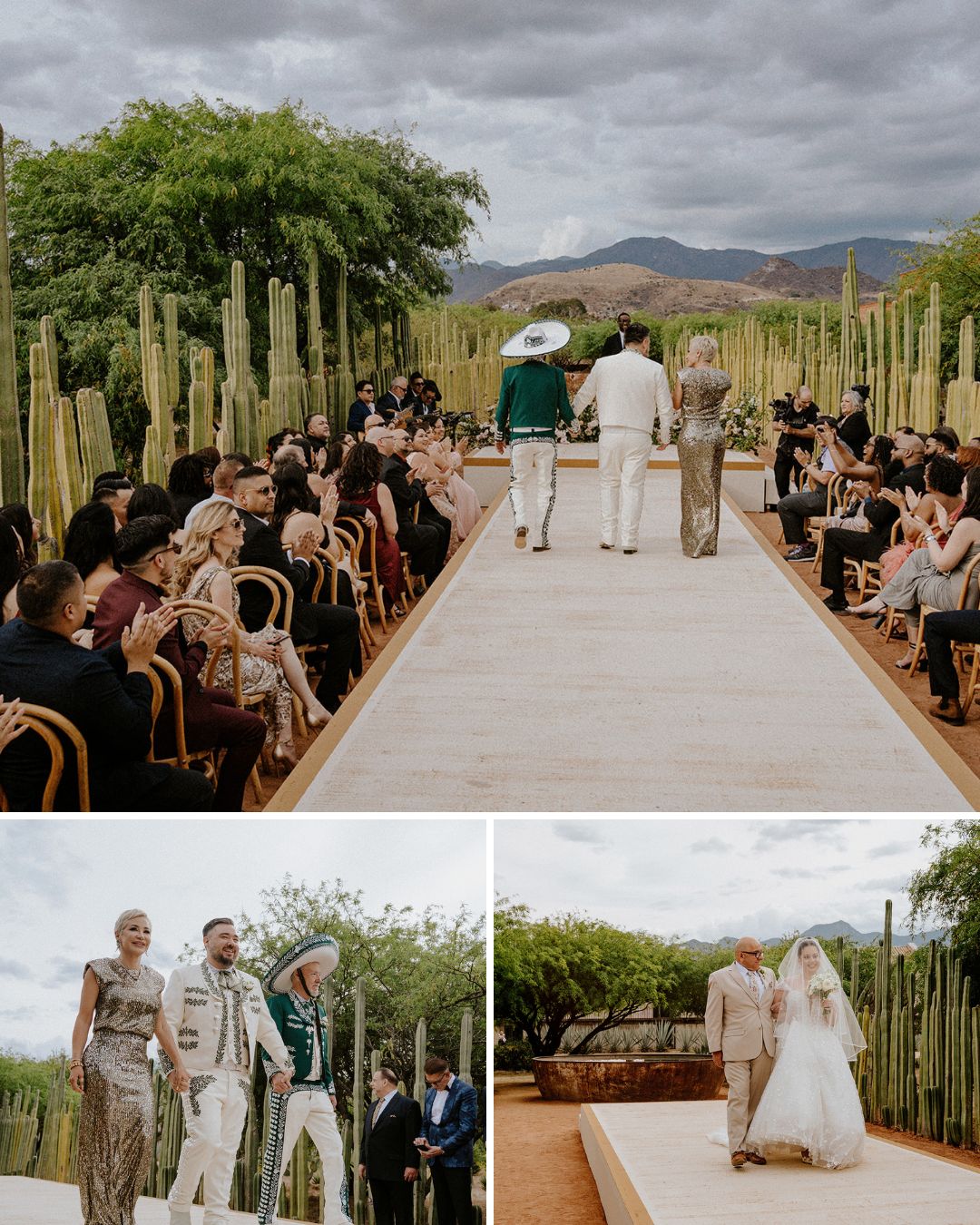 Outdoor wedding ceremony with guests seated among cacti; couple walks down the aisle with their parents under a cloudy sky. Two smaller images show family members accompanying the couple.