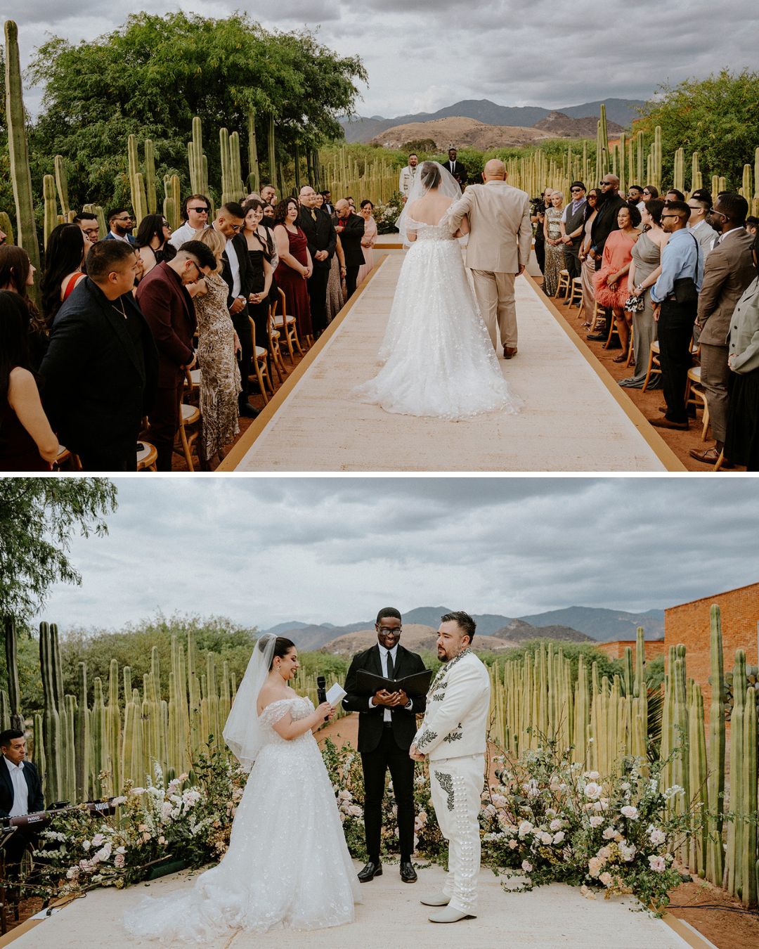A bride and groom stand at an outdoor wedding ceremony, surrounded by guests and tall cactus plants under a cloudy sky.