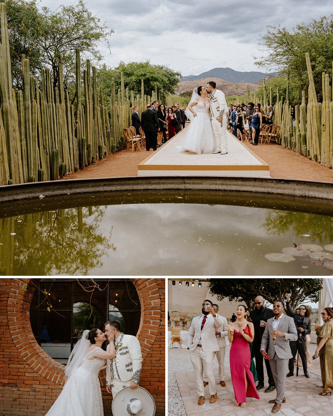 A bride and groom stand on a platform over water, surrounded by guests and cacti; below, they kiss by a window and walk with their wedding party.