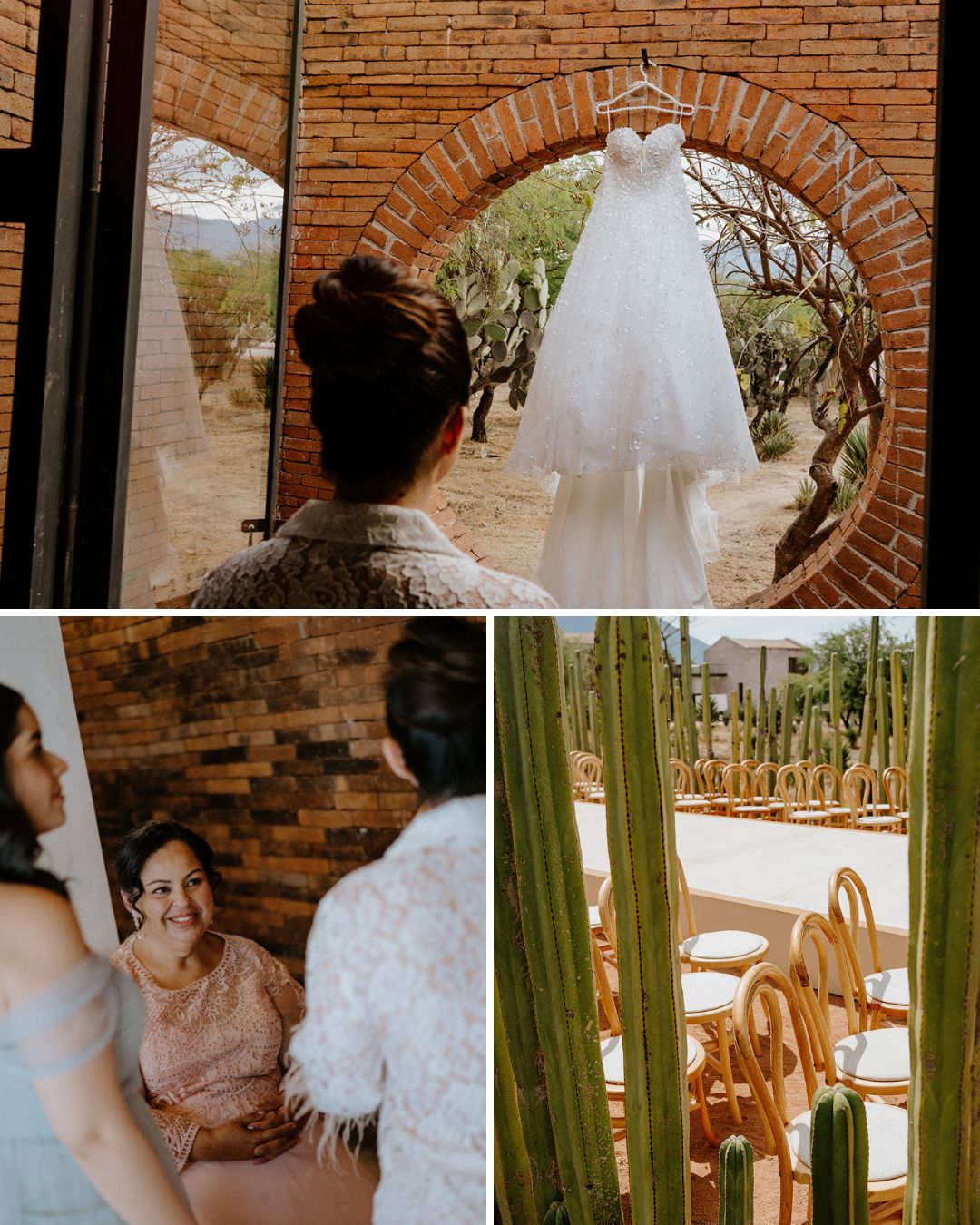 A woman looks at a wedding dress hanging in a round window; below, people prepare indoors and wooden chairs are arranged outdoors among cacti.