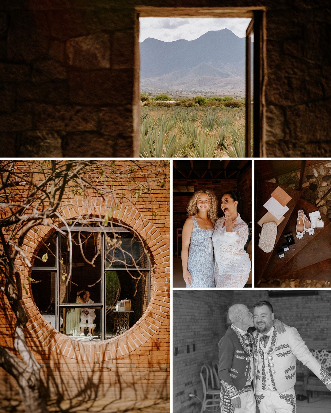 A collage shows a mountain view through a door, two women posing, personal items on a table, a person in a circular window, and two people embracing in a rustic room.