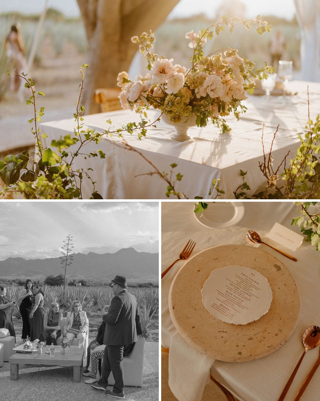 Elegant outdoor event with floral centerpiece on a white-covered table, guests mingling, and a plate with a printed menu set on top.